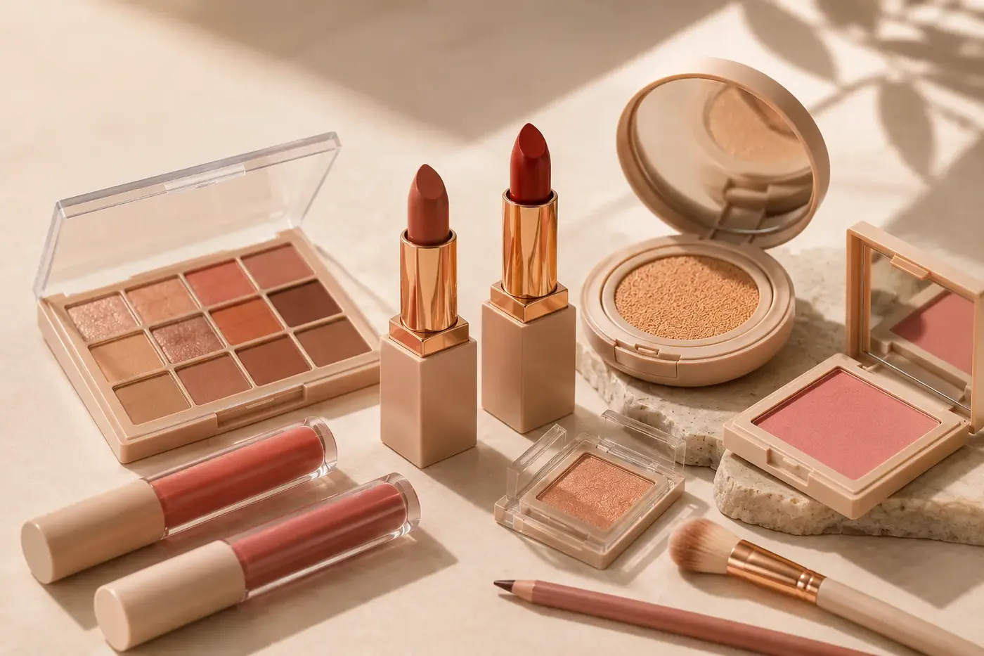 Color cosmetics — lipstick, lip tint, cushion, blusher and eyeshadow in unbranded containers