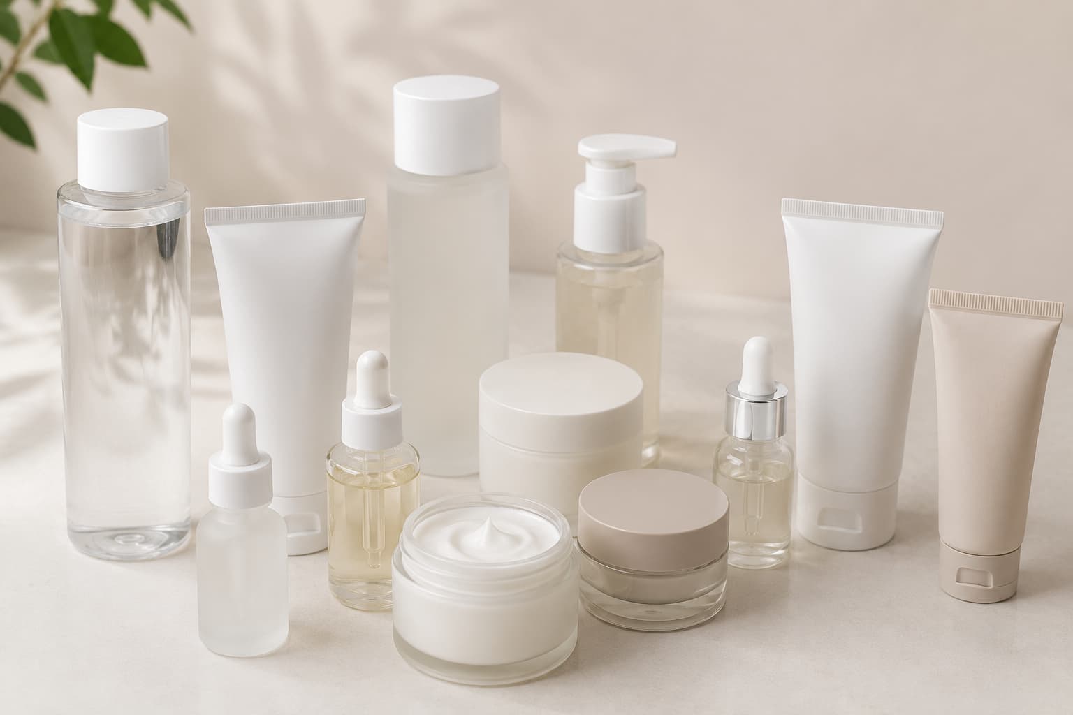 Korean skincare products — toner, serum, ampoule, cream, cleanser and sun care containers