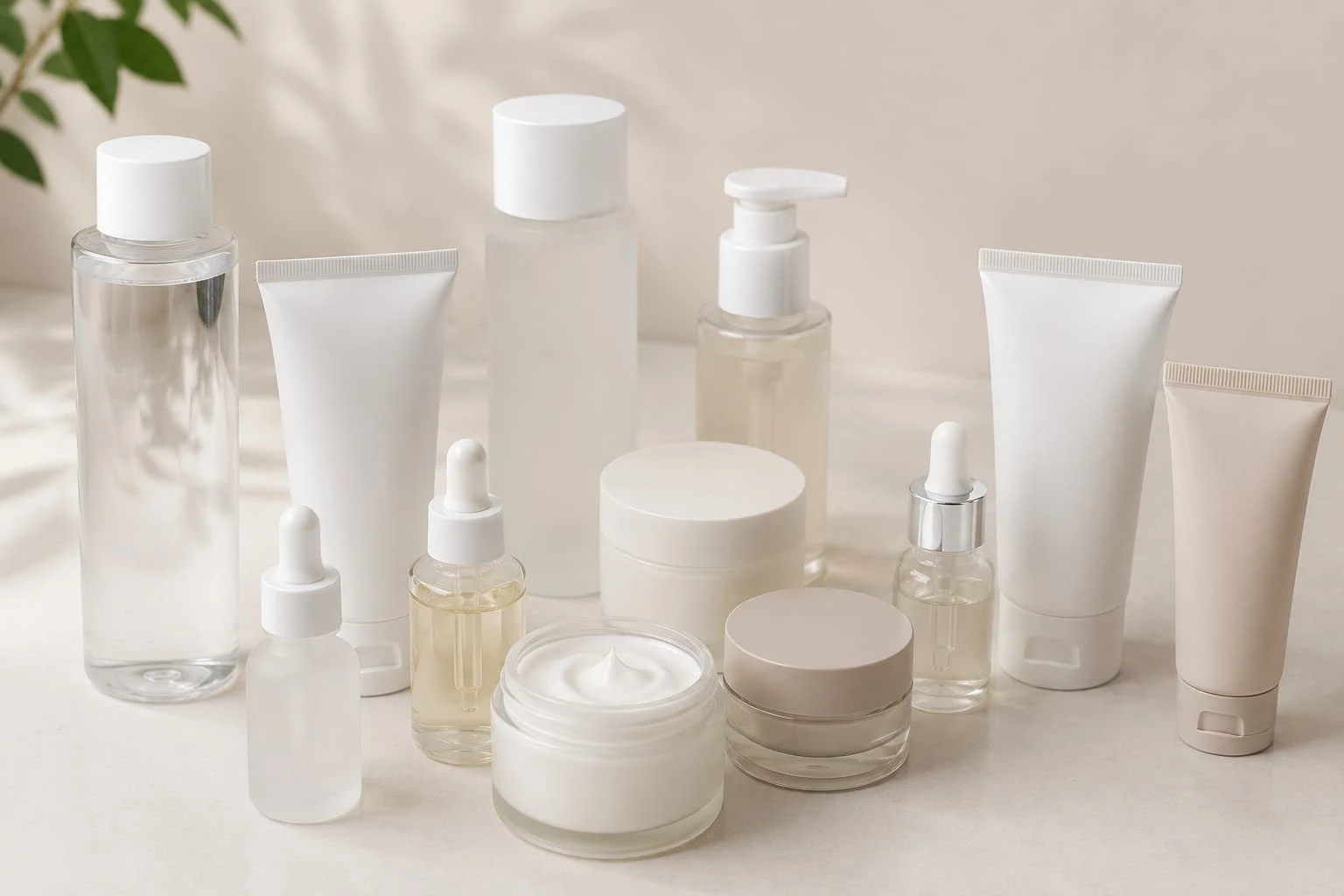 Korean skincare products — toner, serum, ampoule, cream, cleanser and sun care containers